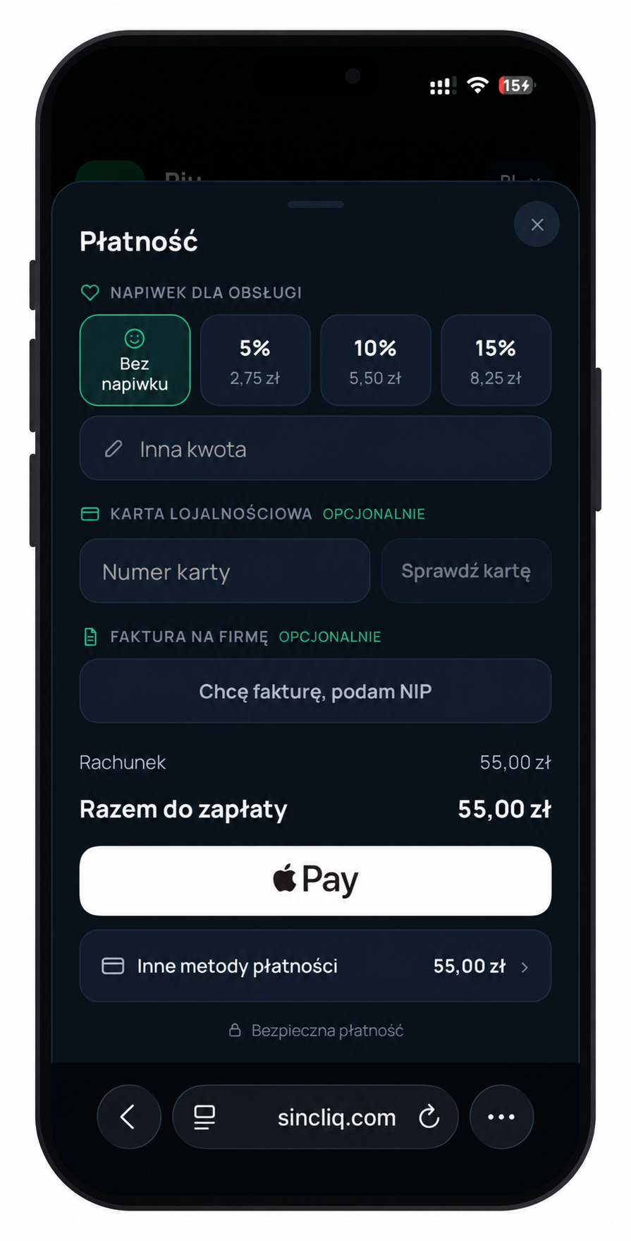 Ekran płatności z napiwkiem na telefonie